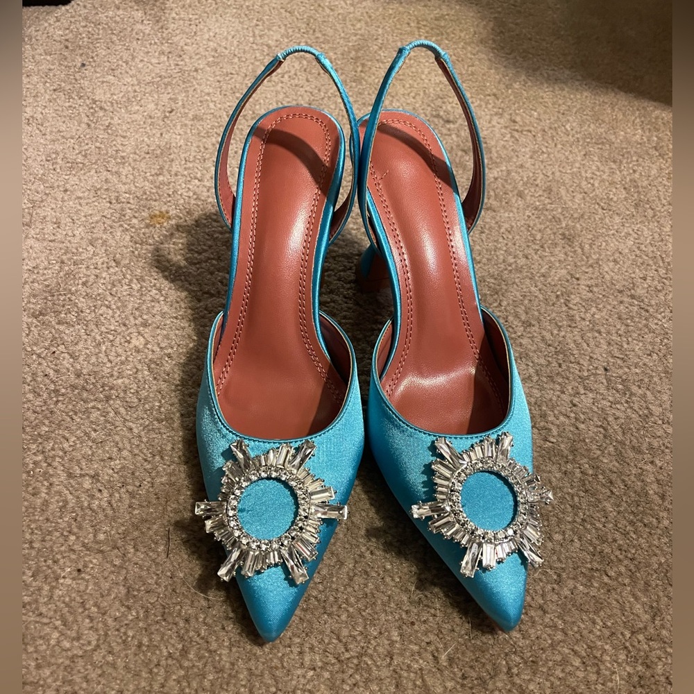 Satin Slingback Heels with Crystal Medallion